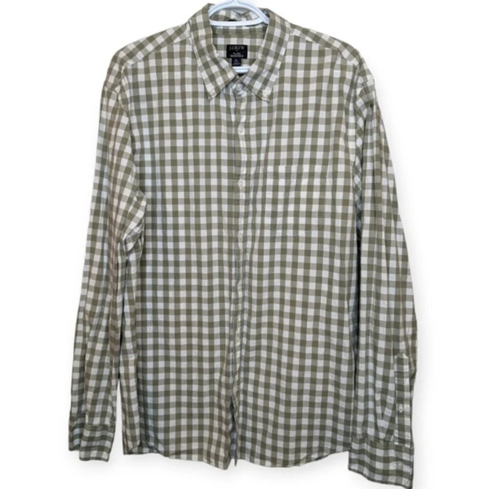 J Crew Slim Flex Washed Tan & White Checkered  Plaid Gingham XL Mens Button Down